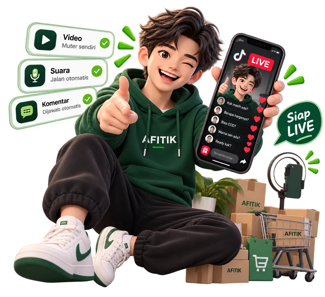 Karakter AFITIK mengajak mulai live dengan sistem otomatis