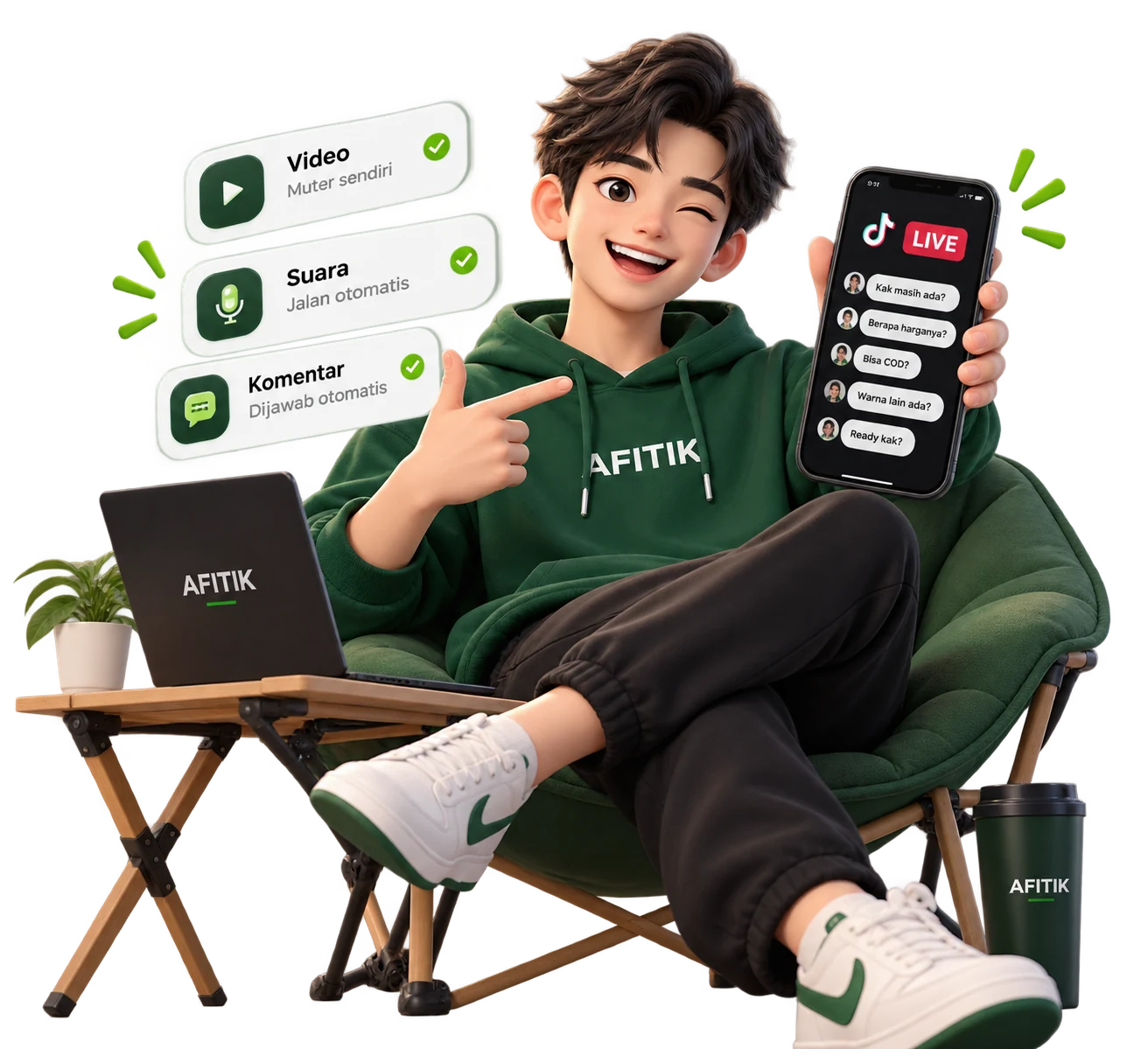 Karakter AFITIK santai sambil menunjukkan live, video, suara, dan komentar otomatis